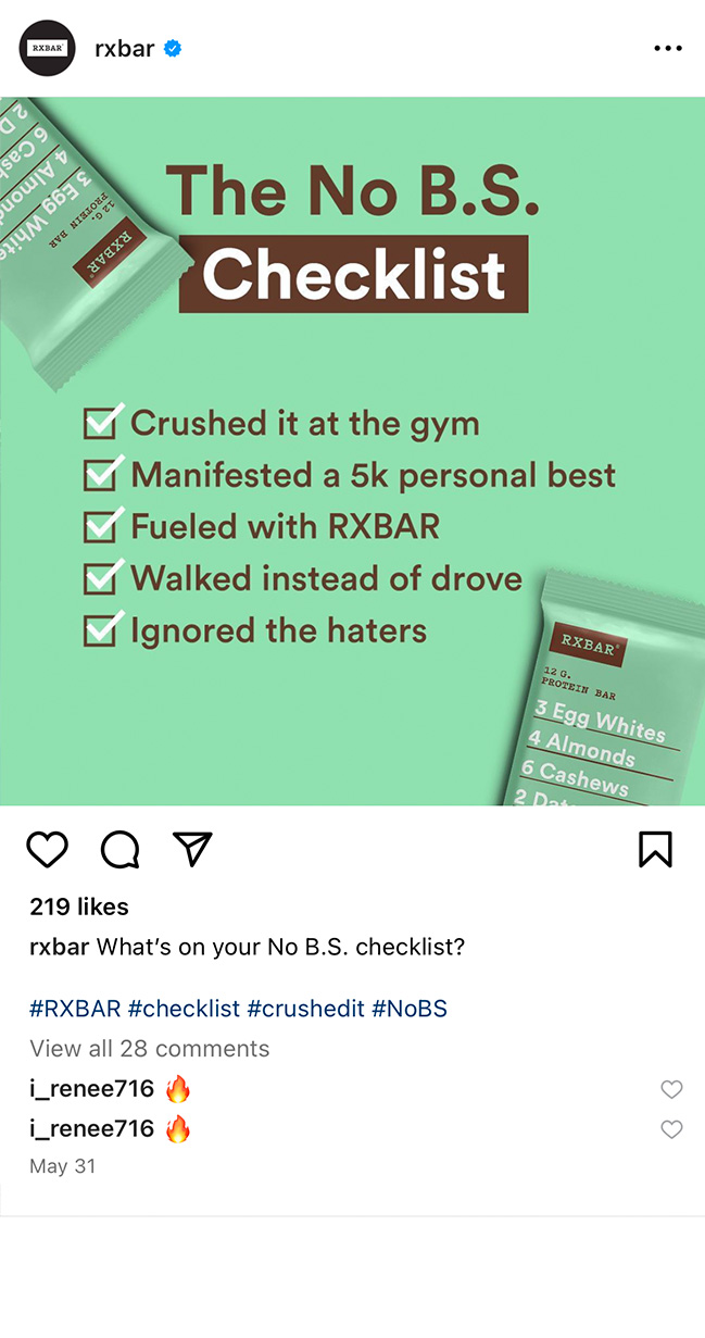 The No B.S. Checklist - Crushed it at the gym. Manifested a 5k personal best. Fueled with RXBAR. Walked instead of drove. Ignored the haters.