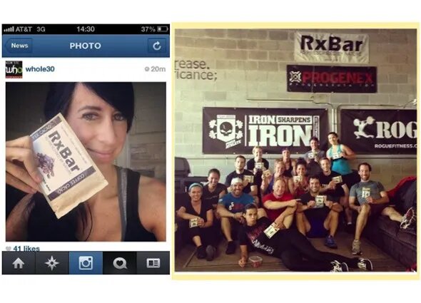A woman holding an RXBAR. A group at a gym holding RXBARs.